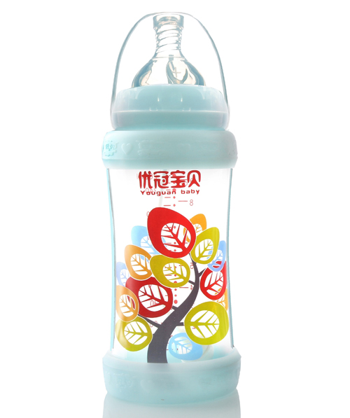 優(yōu)冠寶貝標(biāo)口防護(hù)玻璃奶瓶260ml藍(lán)色