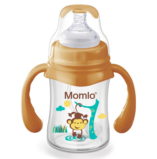 苗苗樂帶手柄玻璃奶瓶黃色