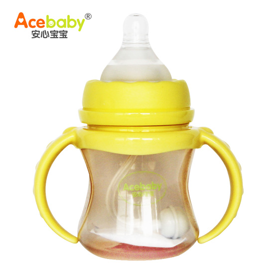 安心寶寶150ml寬口納米銀抗菌雙耳自動PP奶瓶無蓋黃色手柄