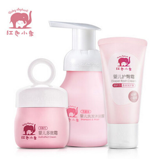 紅色小象嬰兒洗護三件套裝 洗發(fā)沐浴多效霜護臀霜