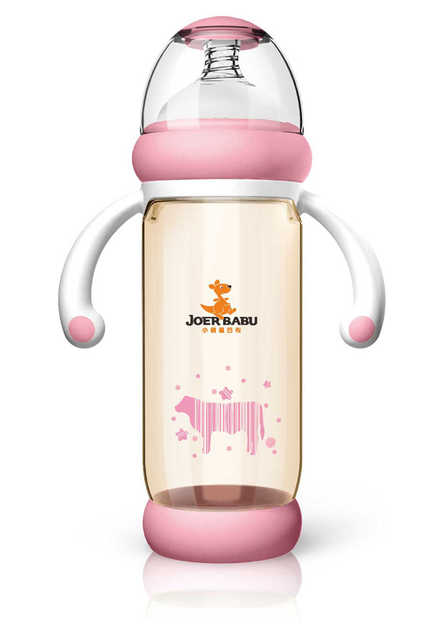 小袋鼠巴布PPSU防燙自動寬口奶瓶300ml粉色