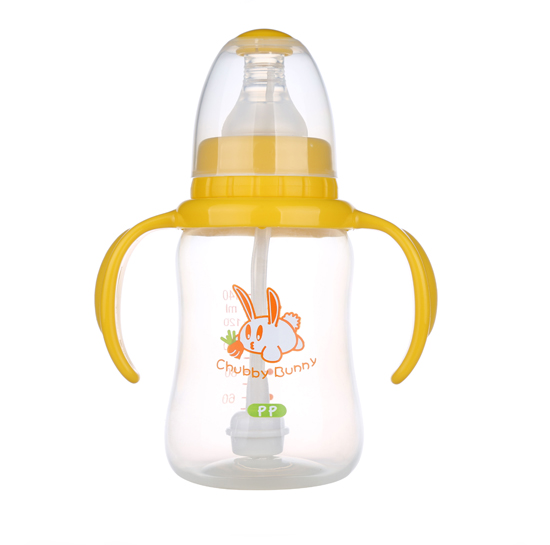 丘比兔PP標(biāo)準(zhǔn)口徑葫蘆型自動把手奶瓶140ML黃色