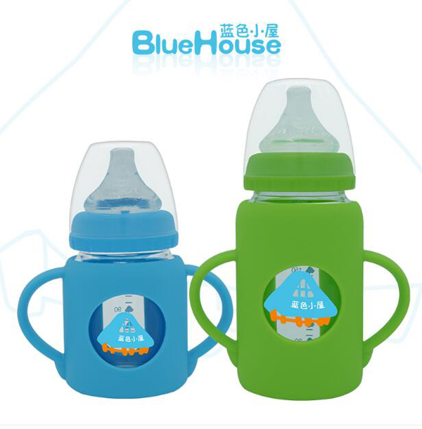 藍色小屋寬口玻璃防摔奶瓶